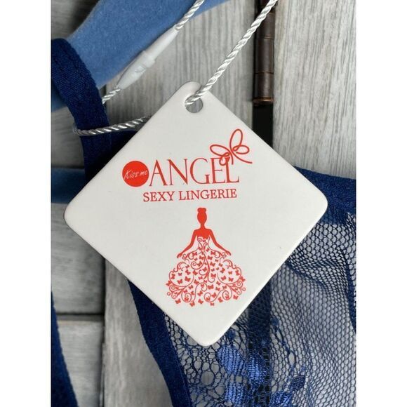 NEW KISS ME ANGEL Lingerie Blue Lace-Trim Flutter-Sleeve Babydoll & G-String MED - Picture 8 of 9